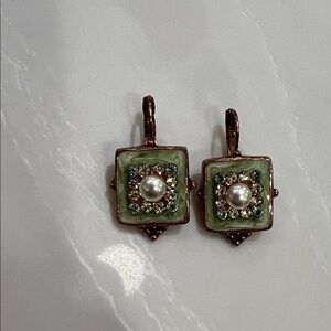 Vintage / Antique-inspired Green and Gold Pearl and Rhinestone Drop Earrings